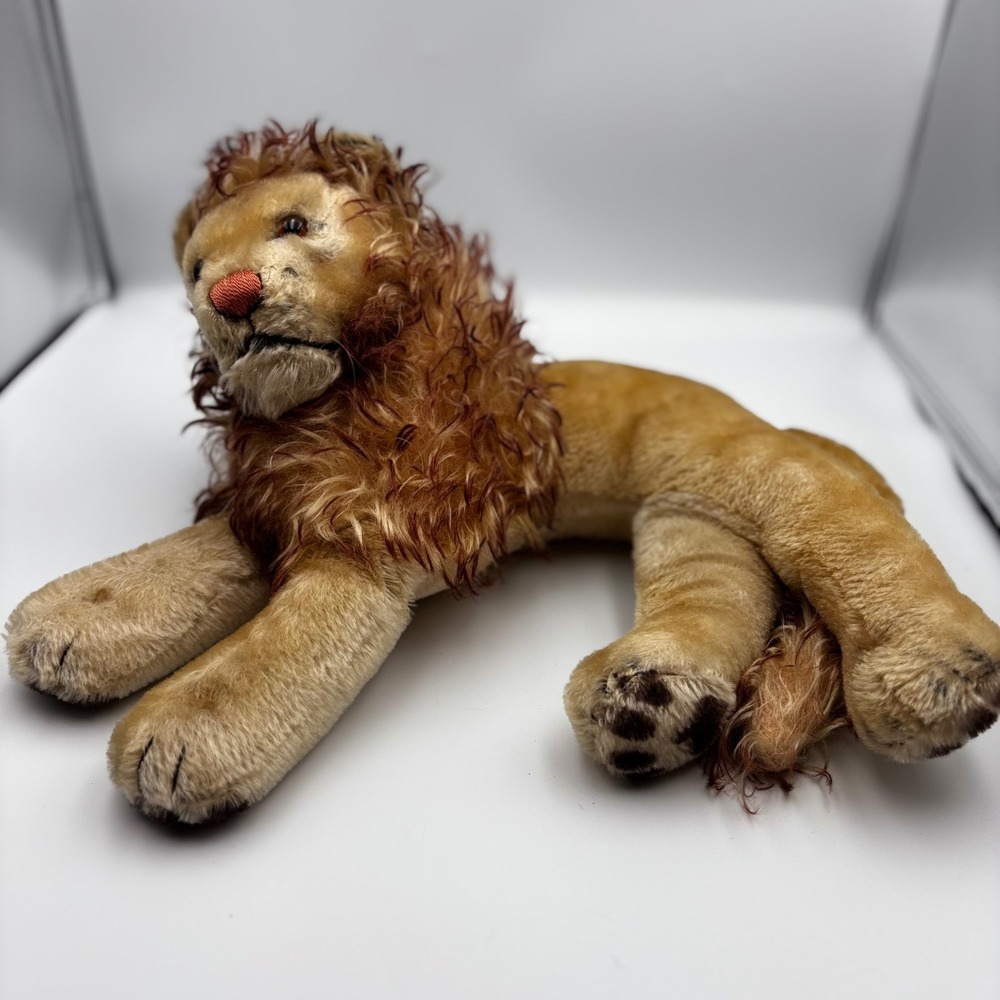 Vtg Steiff Reclining Lion Plush Stuffed Animal Mohair Style Brown Mane 12 In